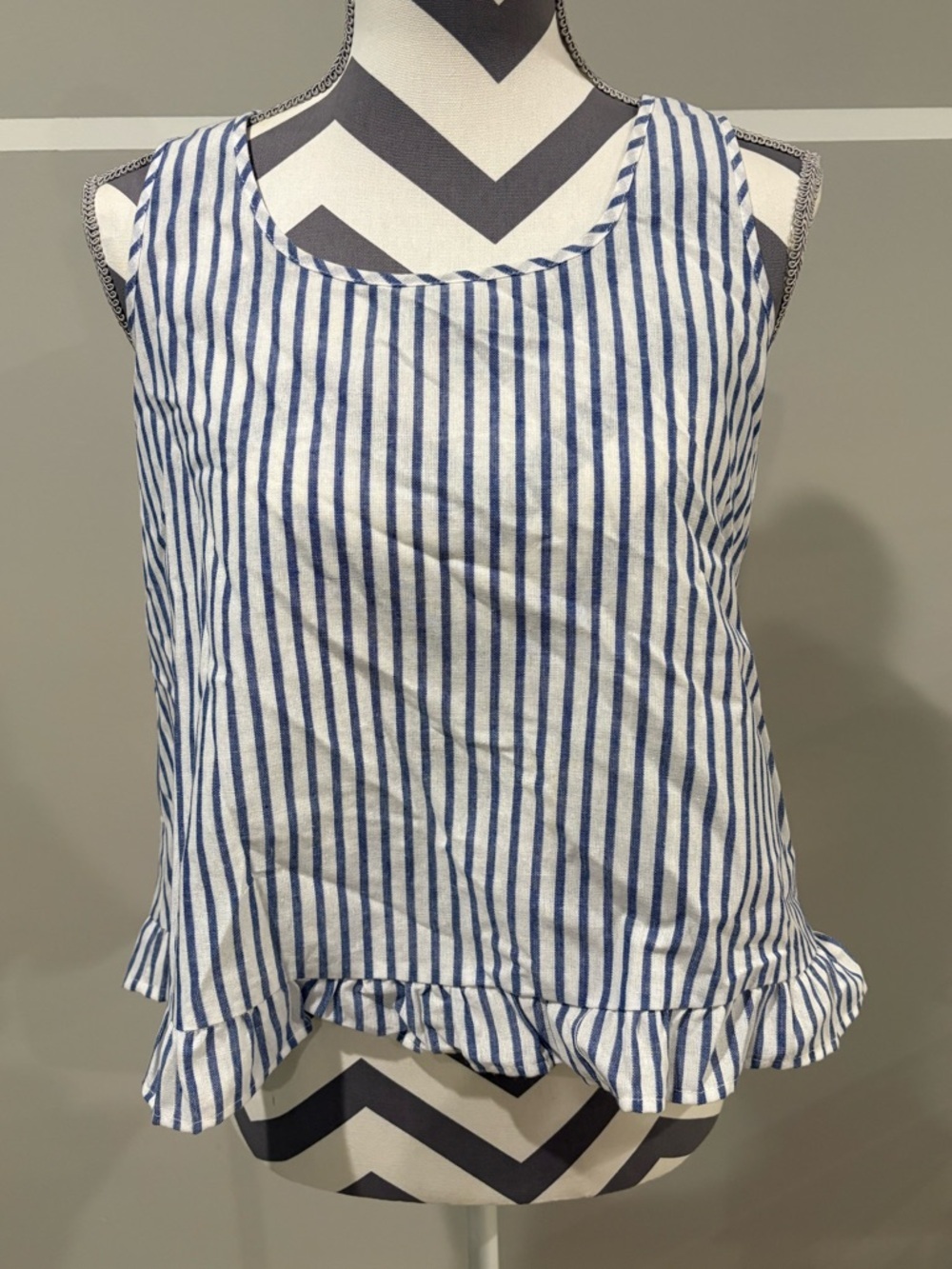 SHEIN Blue and White Vertical Stripe Ruffle Hem Tank